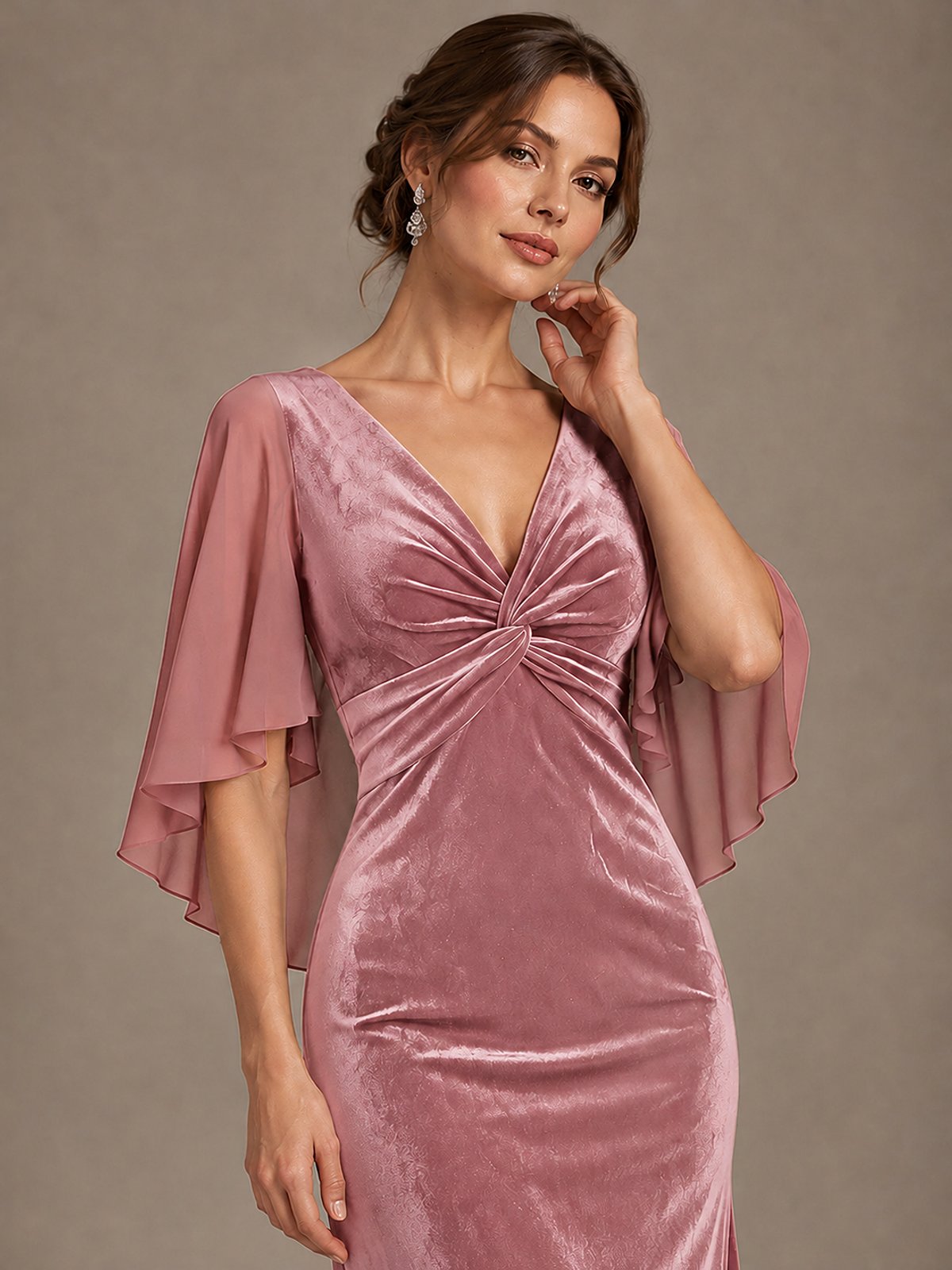 Navy Blue Velvet V Neck Mermaid Formal Dress with Flutter Cape Sleeves