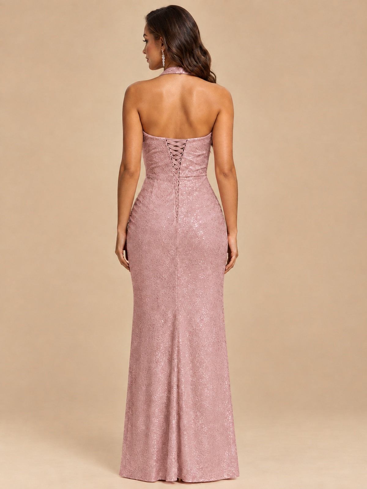 Halter V-Neck Sequin Mermaid Prom Dress with High Slit