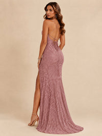 Sequin Lace Appliques Mermaid Prom Dress Spaghetti Strap Formal Gowns with Slit