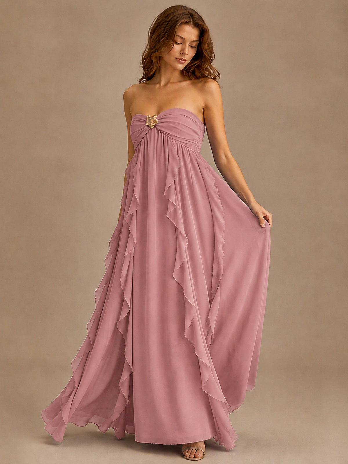 Srapless Sweetheart Chiffon Prom Dress Ruffle Formal Evening Gown