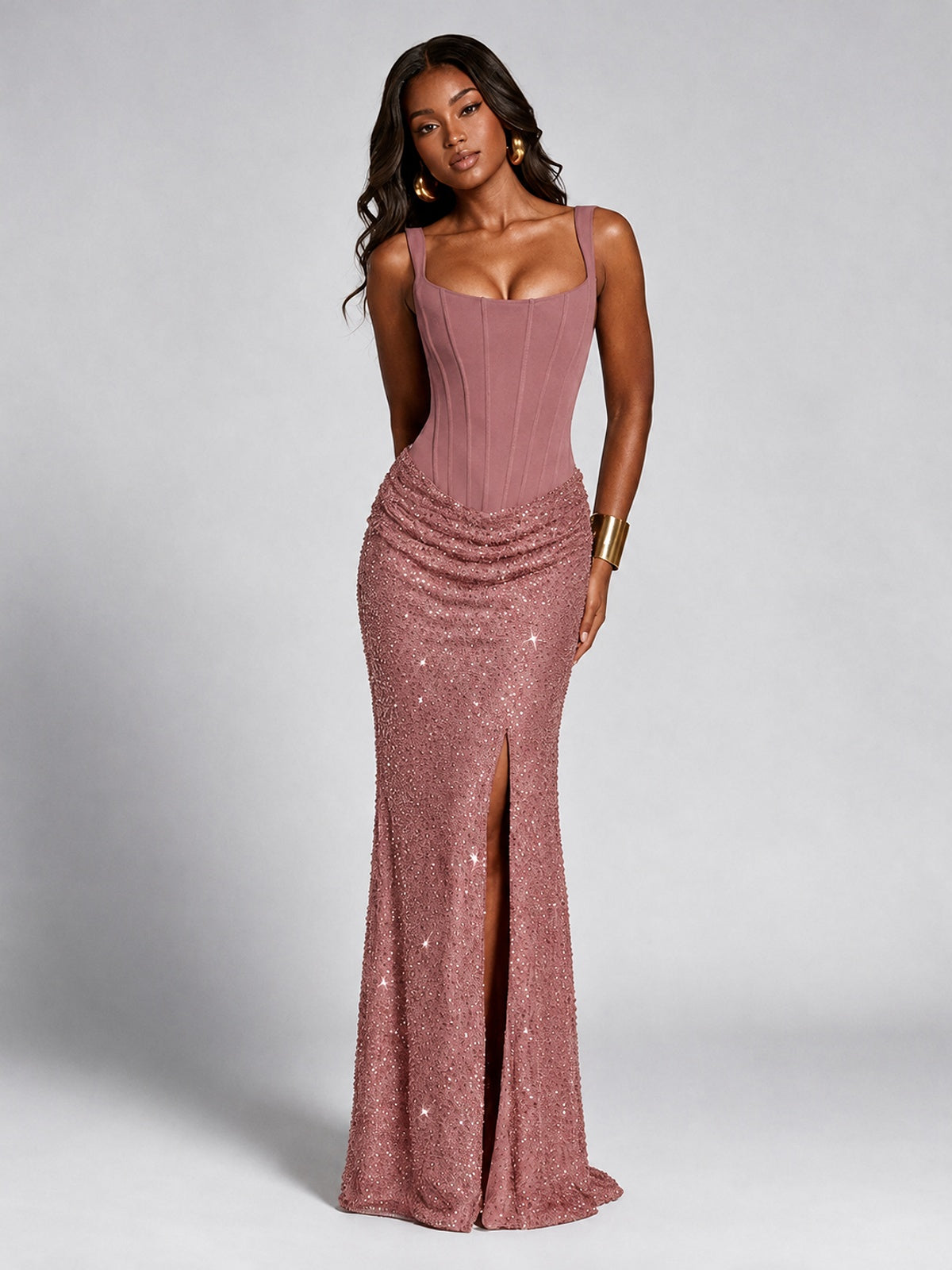 Sequin Corset Mermaid Prom Dress with Square Neck Wide Strap High Slit
