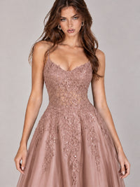 Lace Applique Satin A-Line Prom Dress with Sheer Bodice