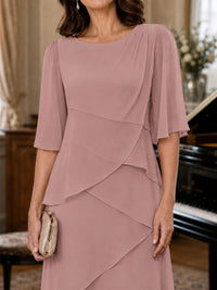 Asymmetric Draped Chiffon Mother of the Bride Dress with Flutter Sleeves