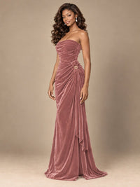 Burgundy Velvet Strapless Ruched Prom Dress with Jeweled Side Drape