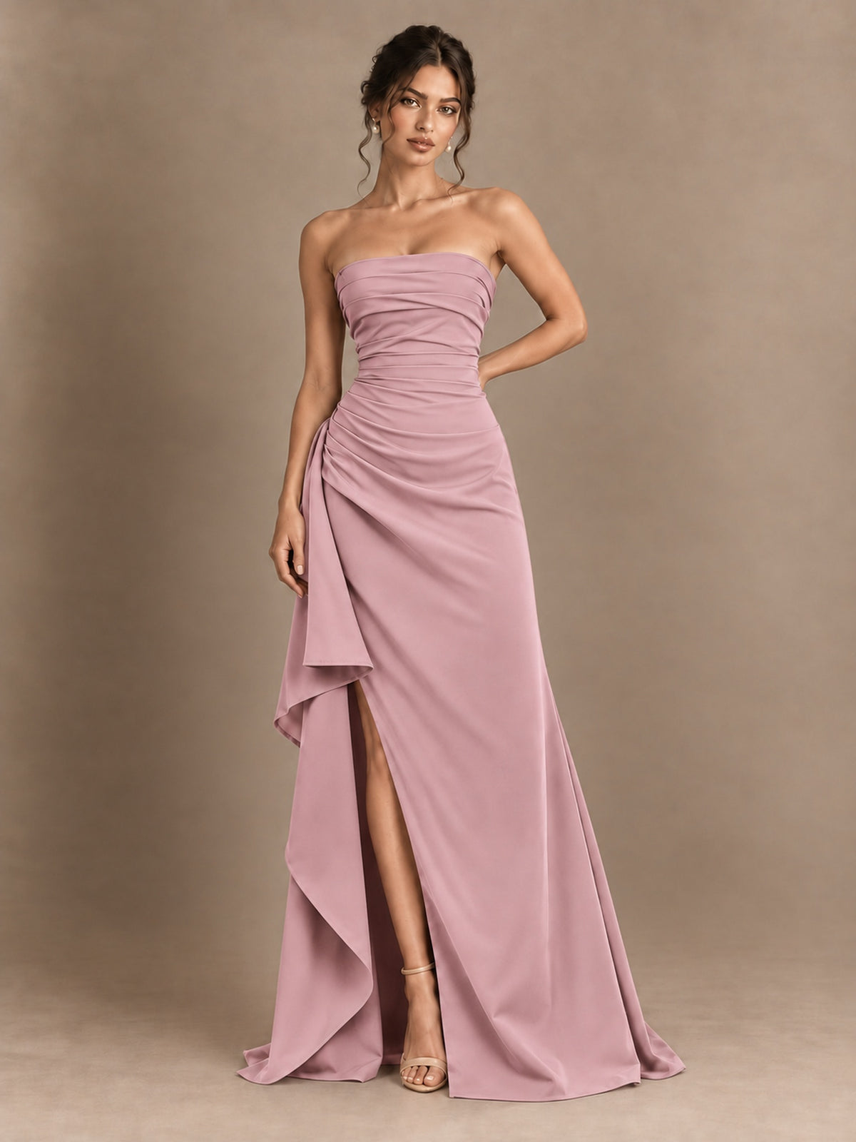 Black and White Strapless Ruched Prom Dress with High Slit & Side Drape