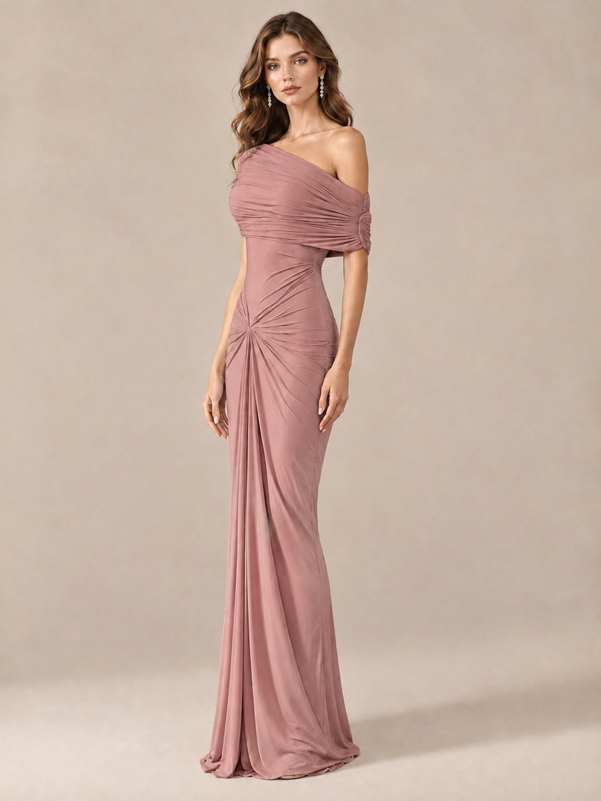 Elegant Draped Off Shoulder Ruched Mermaid Chiffon Formal Evening Gown