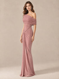 Elegant Draped Off Shoulder Ruched Mermaid Chiffon Formal Evening Gown