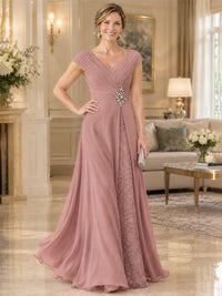 Pleated Chiffon Lace Mother of The Bride Dresses with Beading Cap Sleeves