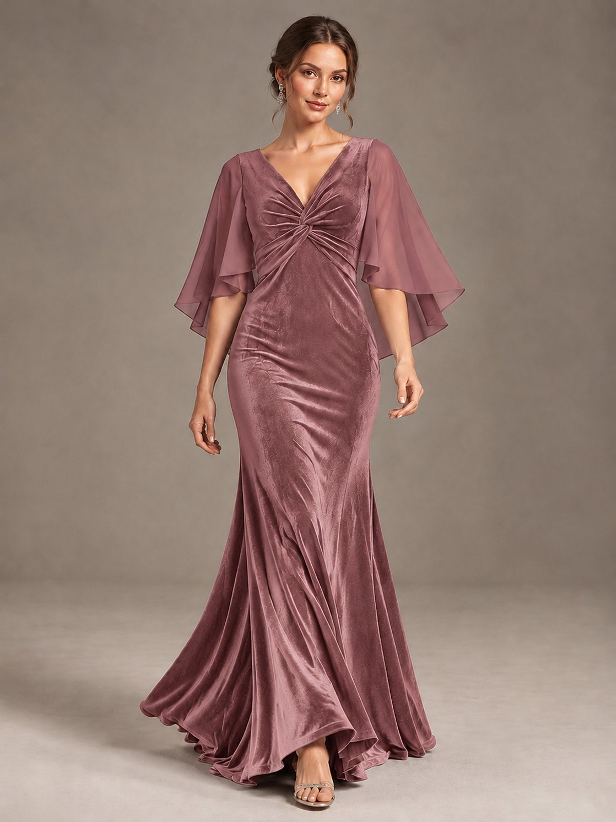 Navy Blue Velvet V Neck Mermaid Formal Dress with Flutter Cape Sleeves