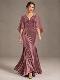 Navy Blue Velvet V Neck Mermaid Formal Dress with Flutter Cape Sleeves