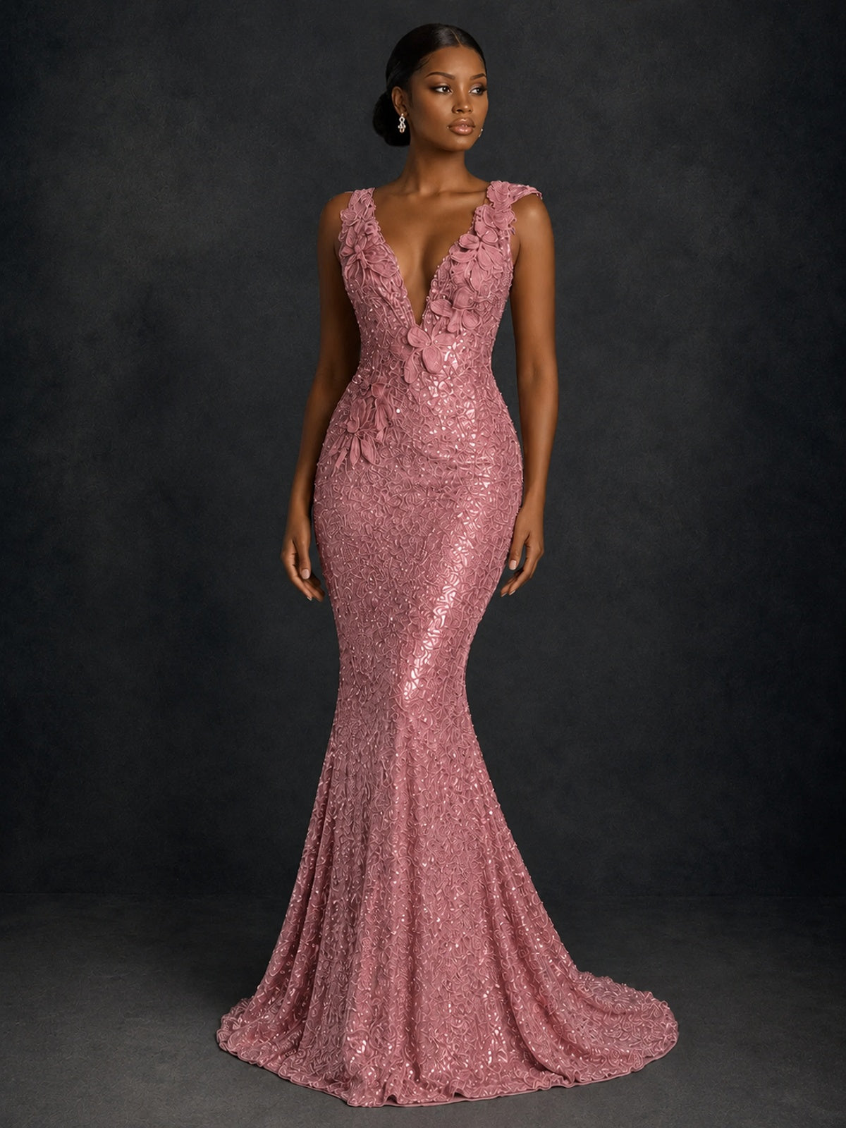 Gold Sequin Floral Applique Mermaid Prom Dress