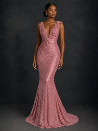 Gold Sequin Floral Applique Mermaid Prom Dress