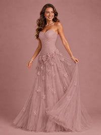 Blush Pink Strapless Sweetheart 3D Floral Tulle Ball Gown Prom Dres