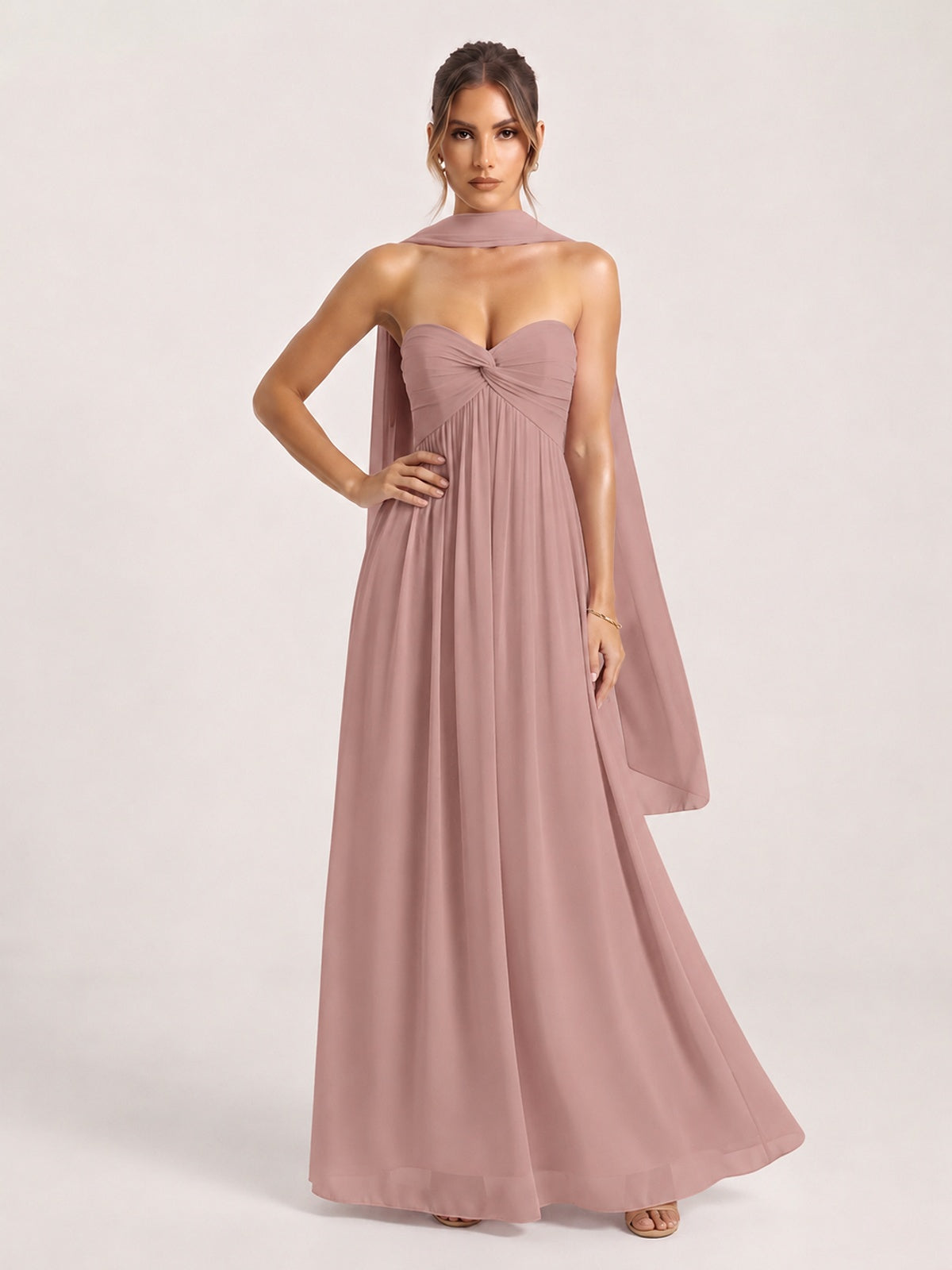 Strapless Ruched Chiffon Long Prom Dress with Scarf