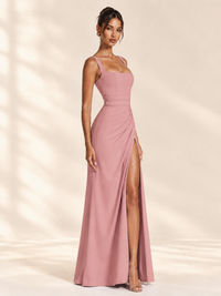 Square Neck Satin Sleeveless Ruched Prom Dress with High Slit
