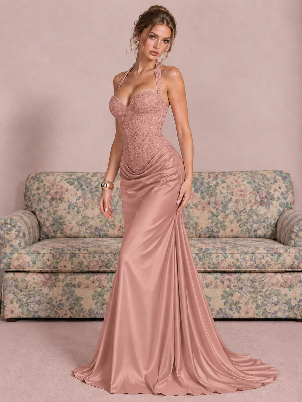 Sparkling Halter Corset Satin Mermaid Prom Dress
