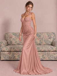 Sparkling Halter Corset Satin Mermaid Prom Dress