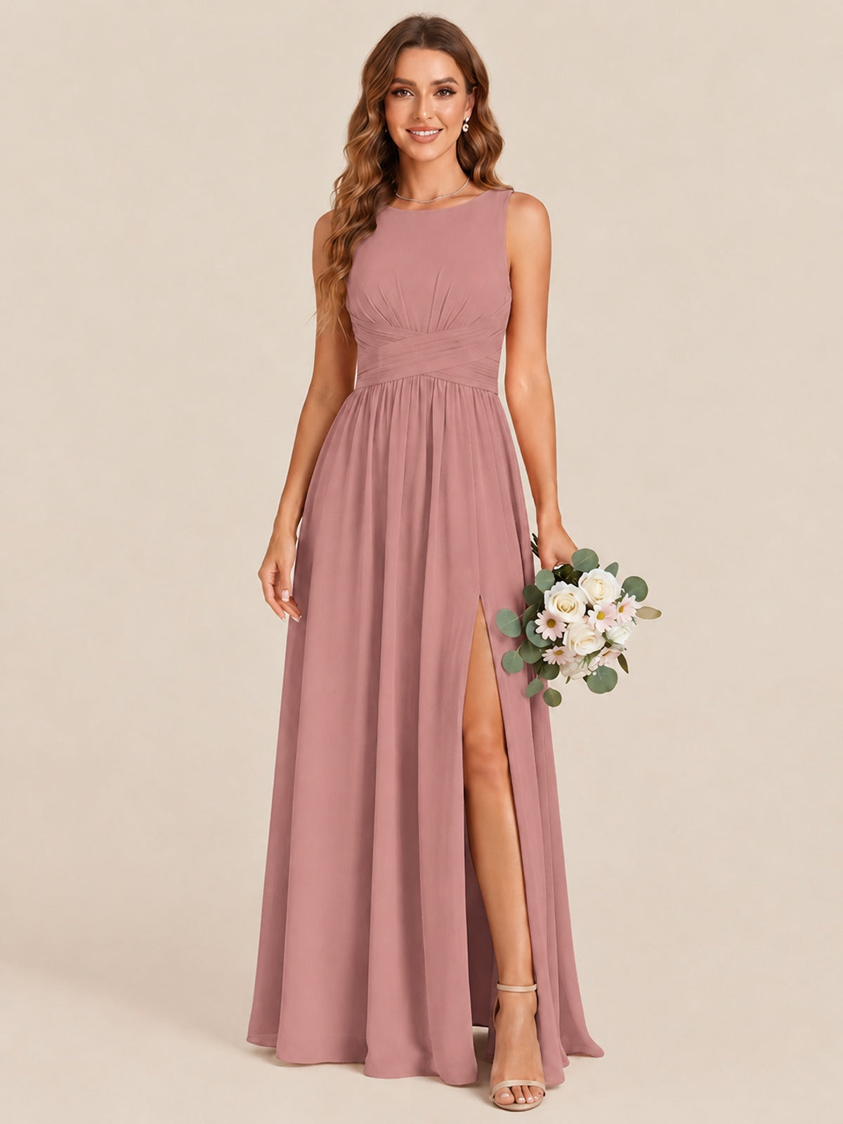 A-line Sleeveless Rucehd Chiffon Bridesmaid Dress with High Slit