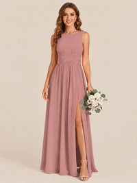 A-line Sleeveless Rucehd Chiffon Bridesmaid Dress with High Slit