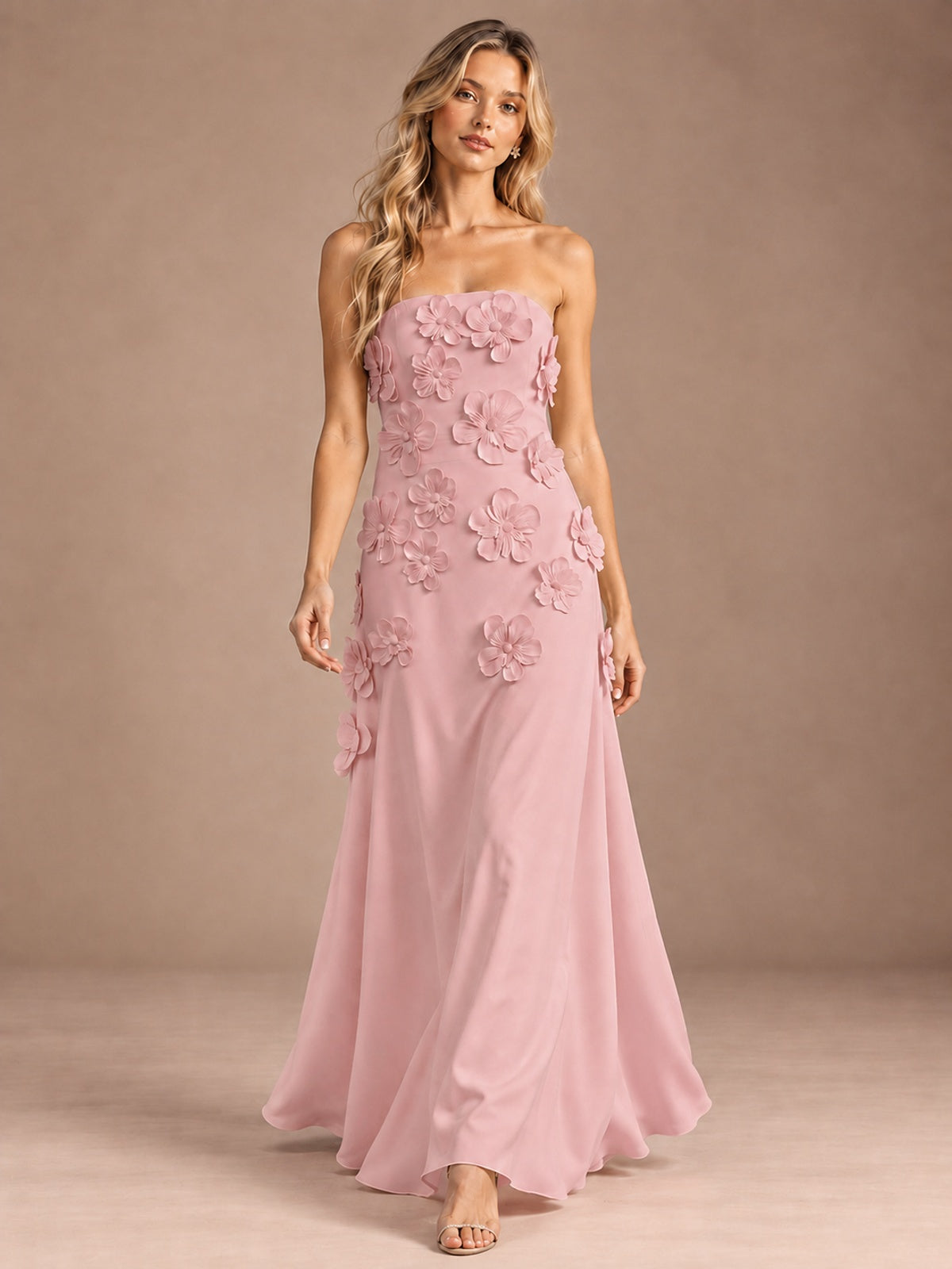 Yellow Strapless A-line Satin Maxi Dress with 3D Floral