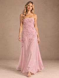 Yellow Strapless A-line Satin Maxi Dress with 3D Floral