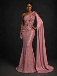 Gold Sequin One Shoulder Mermaid Prom Dress with Cape