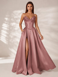 Strapless Corset Satin Prom Dress Long Evening Gown with High Slit