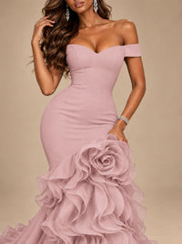 Dusty Blue Off-the-Shoulder Mermaid Prom Dress with 3D Rose & Ruffles