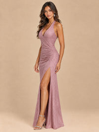 Halter V-Neck Sequin Mermaid Prom Dress with High Slit