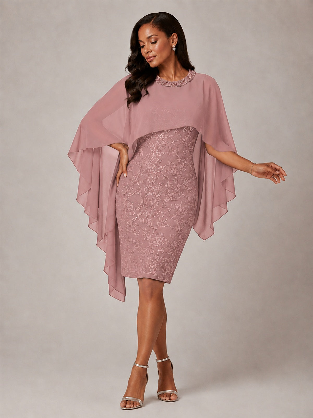 Floral Sheath Mother of the Bride Dress with Cape Overlay