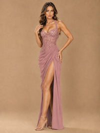 Sweetheart Halter Prom Dress Pleated Lace Floral Formal Dress with Slit