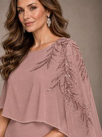 Elegant Chiffon Cape Sleeve Beaded Mother of the Bride Dress
