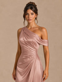 Satin One Shoulder Prom Dress Ruched Long Formal Evening Gown
