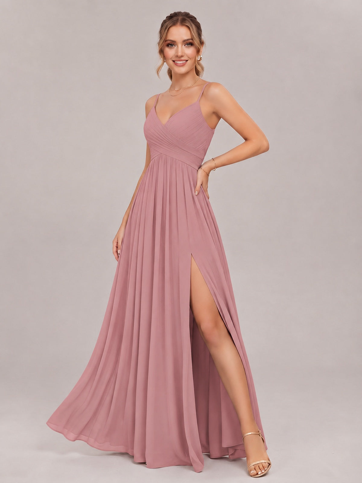 V-Neck Pleated Chiffon Long Bridesmaid Dress with Slit
