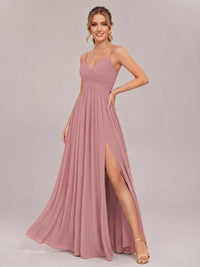 V-Neck Pleated Chiffon Long Bridesmaid Dress with Slit