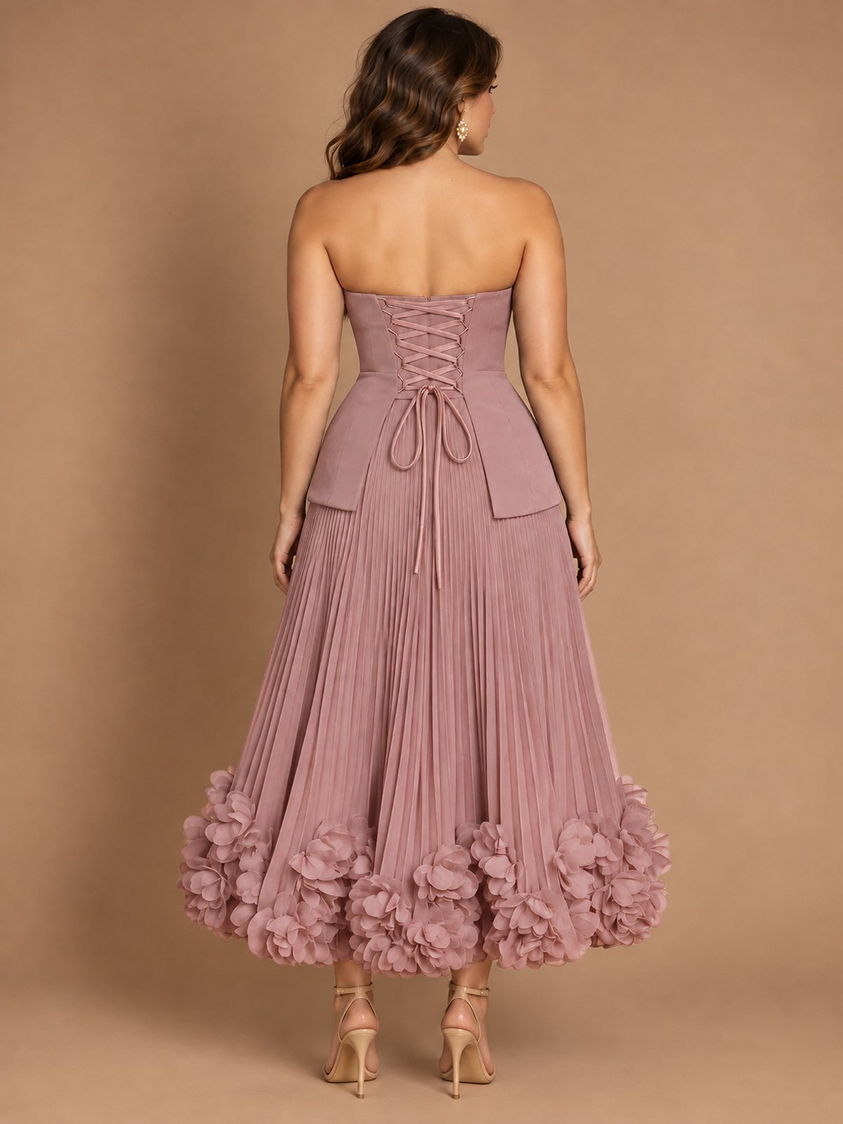 Navy Blue Strapless Pleated A-Line Midi Dress with 3D Floral Applique
