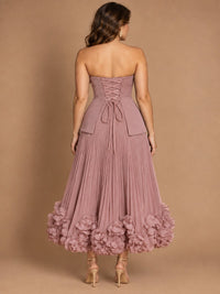 Navy Blue Strapless Pleated A-Line Midi Dress with 3D Floral Applique