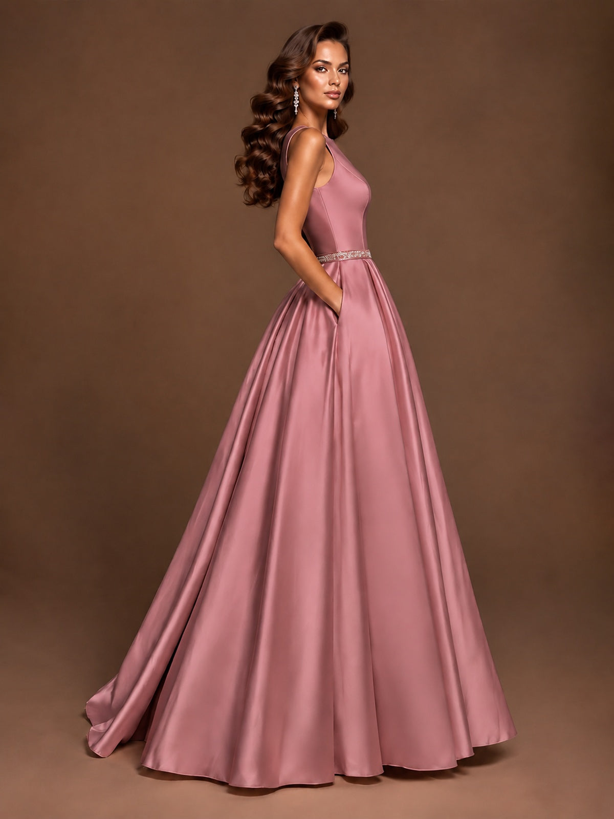 Satin A-Line Prom Dress Sleeveless Beaded Waist Formal Gown with Pockets