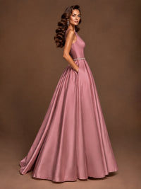 Satin A-Line Prom Dress Sleeveless Beaded Waist Formal Gown with Pockets