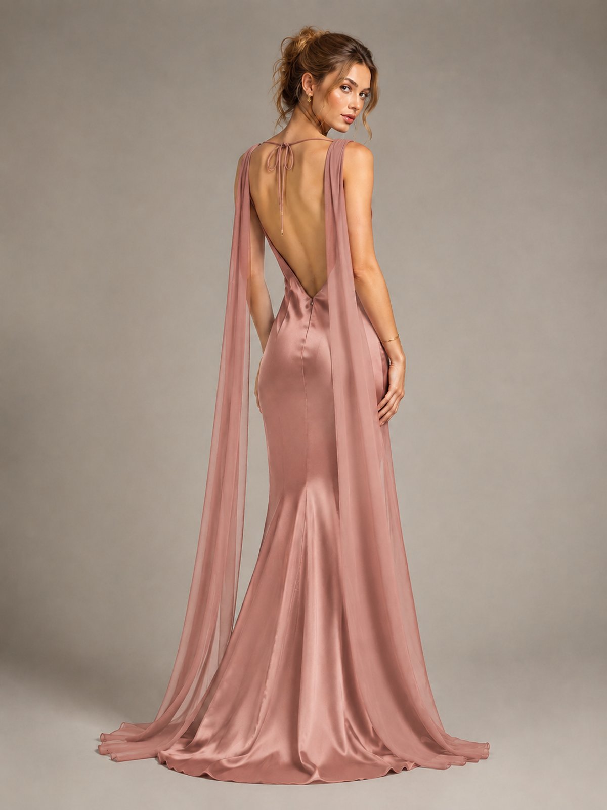 Burgundy Satin Mermaid Cape Maxi Dress