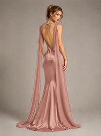 Burgundy Satin Mermaid Cape Maxi Dress