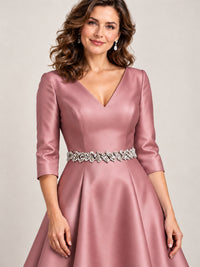 V-Neck Tea-Length Mother of the Bride Dress with Embellished Waist