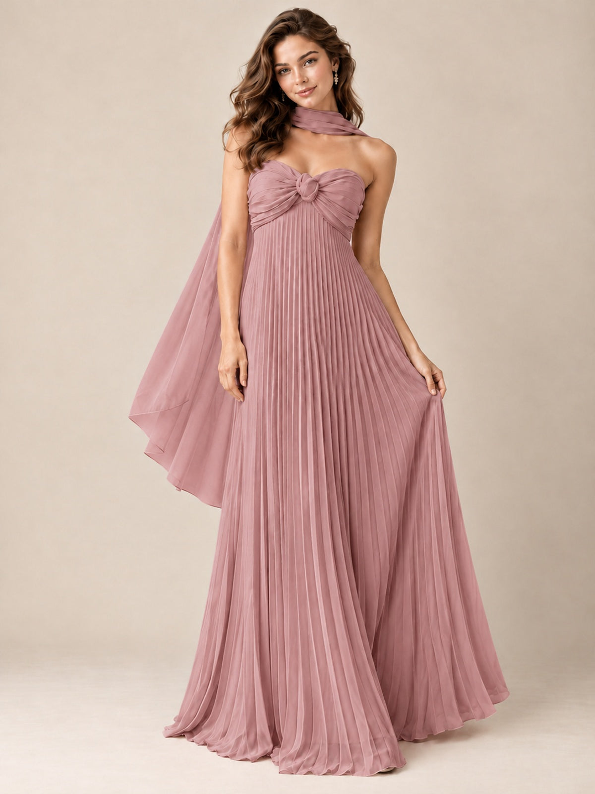 Sweetheart Neckline Pleated Prom Dress Strapless A-line Formal Dress with Flowy Scarf