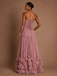 Strapless Pleated Floral Satin Formal Dress with Side Slit