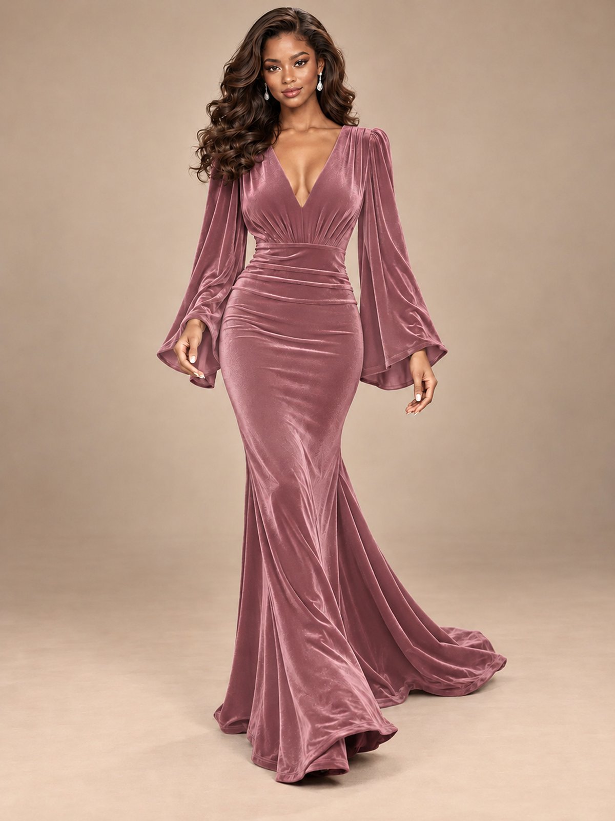 Burgundy Velvet Deep V-Neck Ruched Long Sleeve Maxi Dress