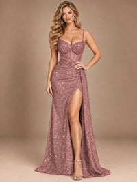 Burgundy Sequin Corset Prom Dress with High Slit