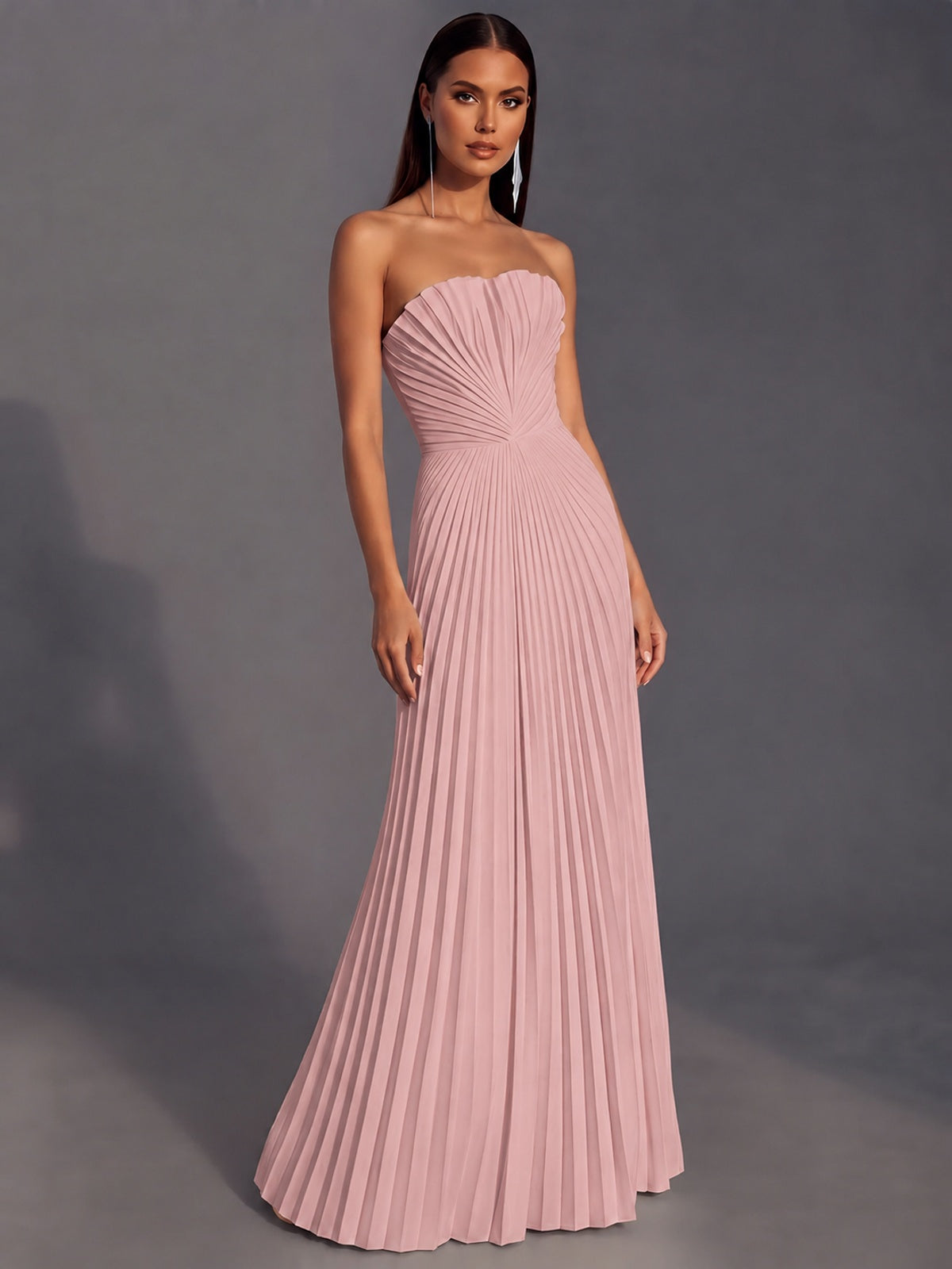Strapless A-line Long Pleated Satin Prom Dress