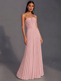 Strapless A-line Long Pleated Satin Prom Dress
