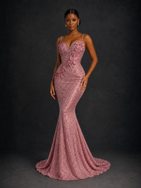 Sequin Mermaid Prom Dress with Floral Applique