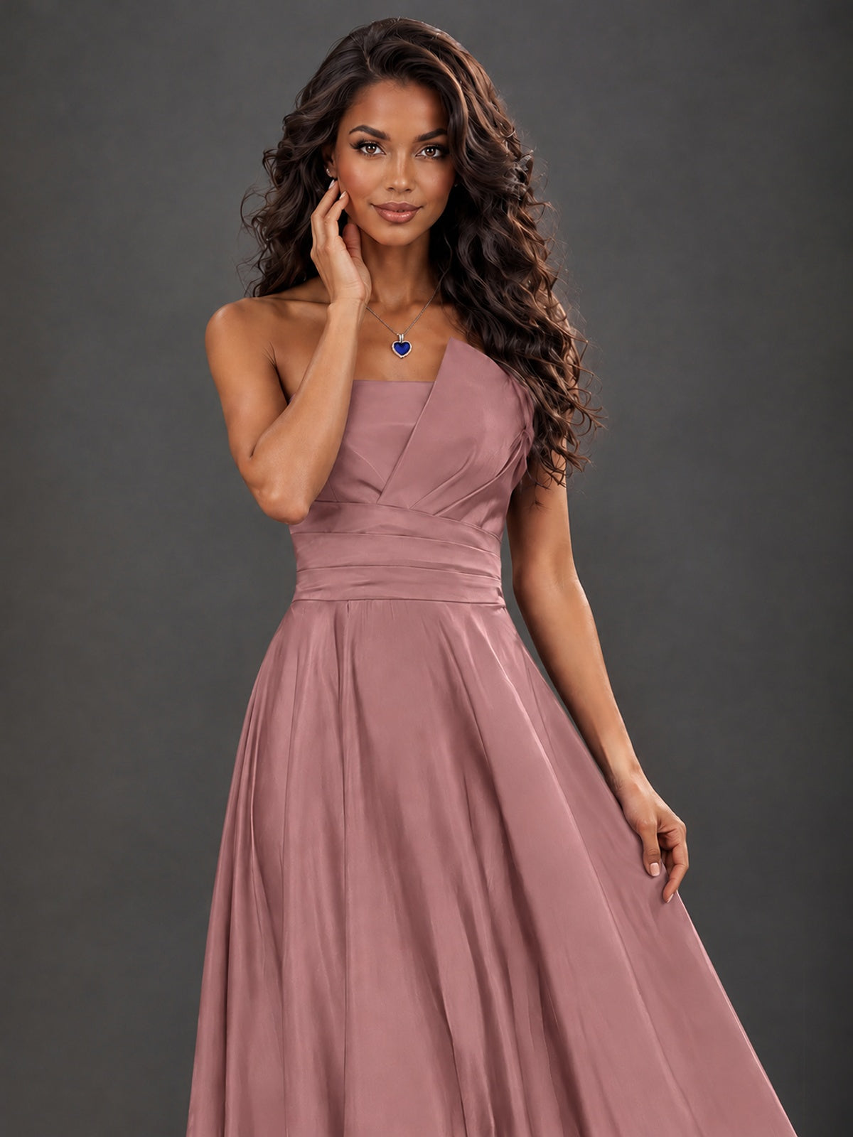 Draped Satin Prom Dress Strapless A-line Formal Dress Floor Length